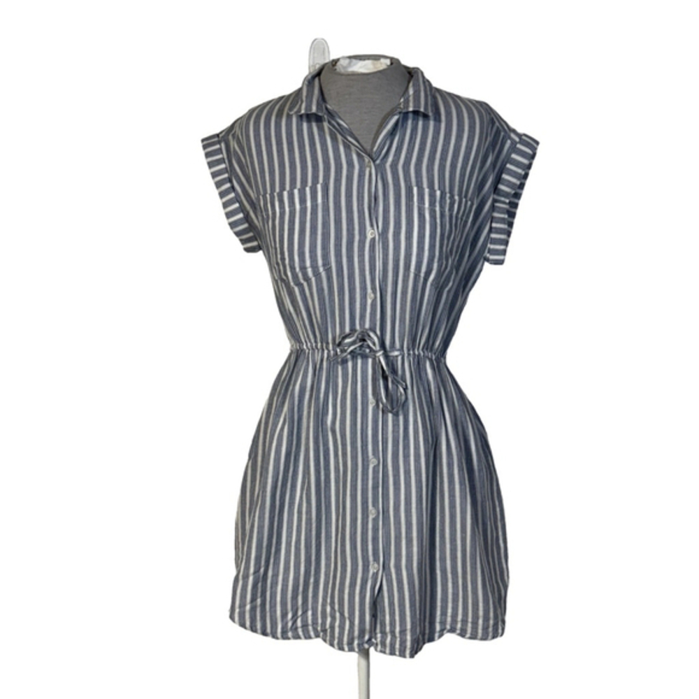 Japna Shirt Dress Women’s Medium Blue White Stripes Button Down Drawstring Waist